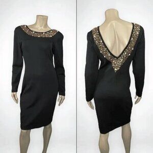 Vintage 80s Medium Long Sleeve Gold‎ Beaded Cocktail Dress